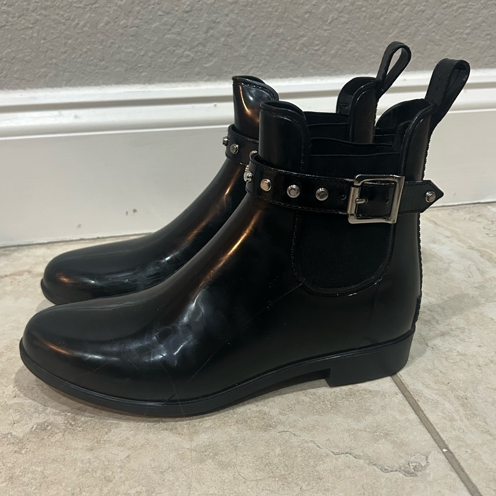 Halogen Black Ankle Rain Boots with Silver Studded Accents